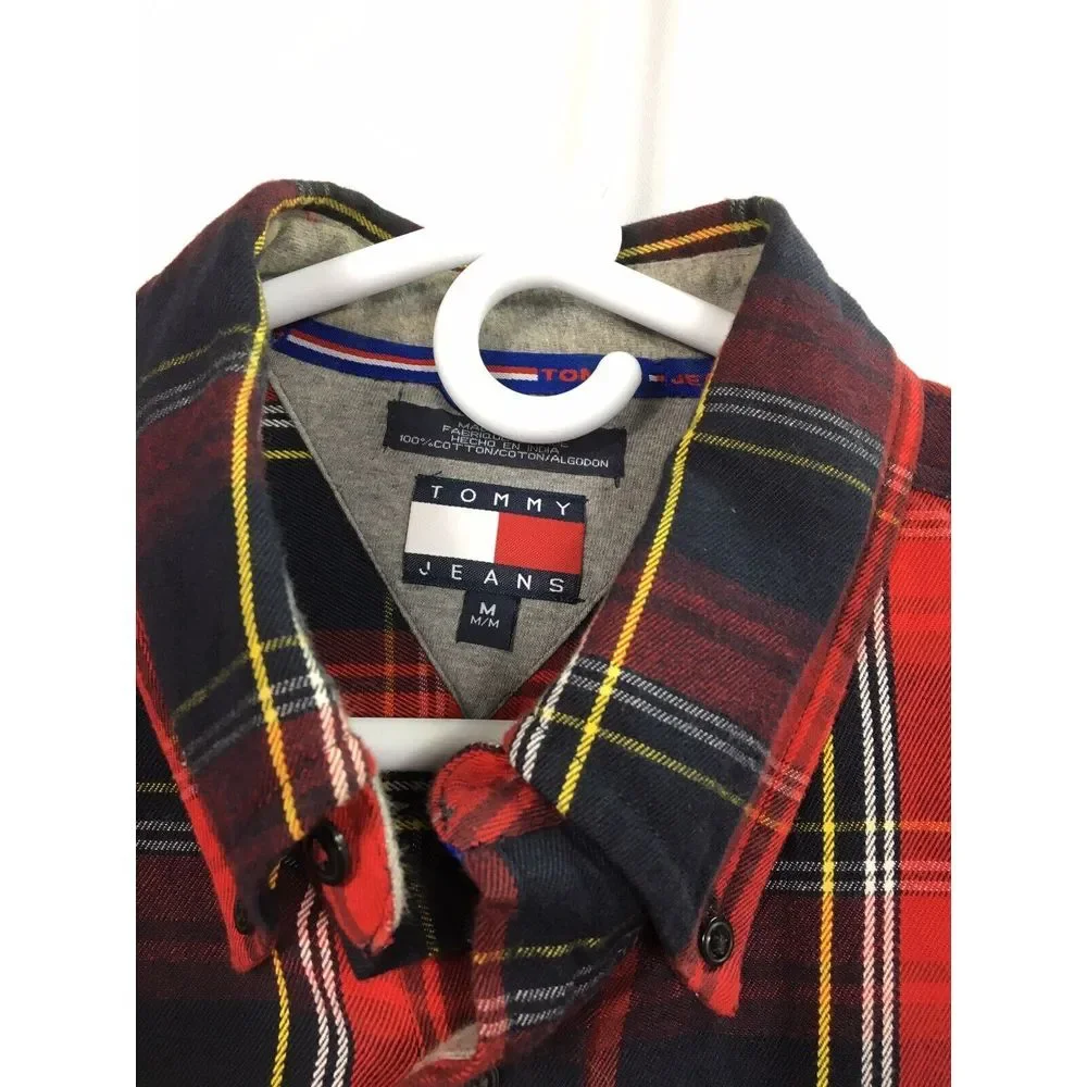 Vintage Tommy‎ Jeans Red Flannel Shirt Mens Plaid Long Sleeve size M